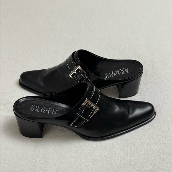 Franco Sarto Black Leather Slip On Mules Size 9.5 Crossover Buckle Classic Boho - Picture 4 of 12